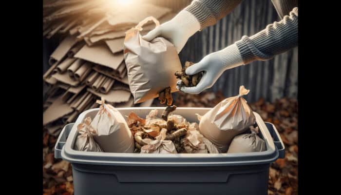Individual adding pet waste in biodegradable bags to a composter, along with leaves and cardboard for a balanced compost mix.