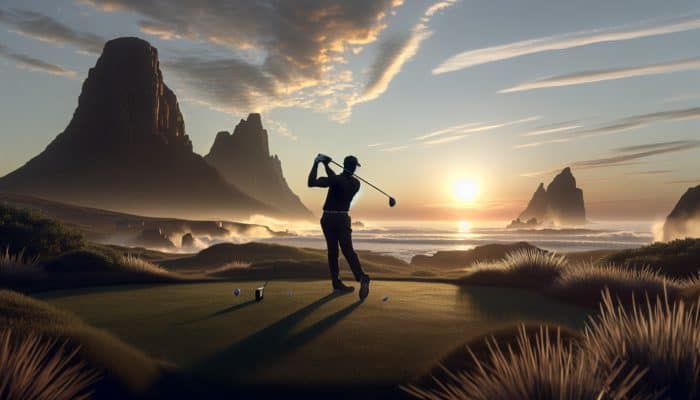 Golfer using high-loft driver at sunrise on South African coastal course with cliffs and ocean.
