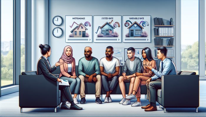 First-time buyers in Pietermaritzburg reviewing mortgage options with advisor in modern office.