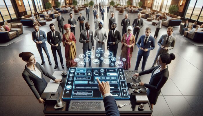 Hotel staff interacting with diverse guests in a luxurious lobby, utilising modern booking software and engaging in role-playing for enhanced service.