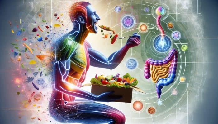 Individual enjoying a vibrant meal, complemented by an illustration of the digestive system and health symbols.