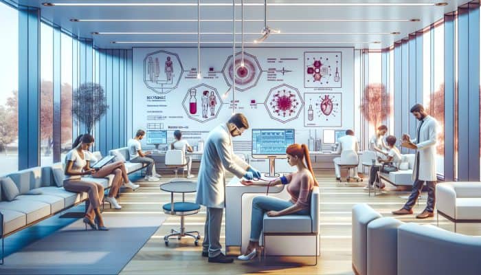 Modern medical clinic in Rochdale offering cortisol blood tests, featuring patients and lab technicians.