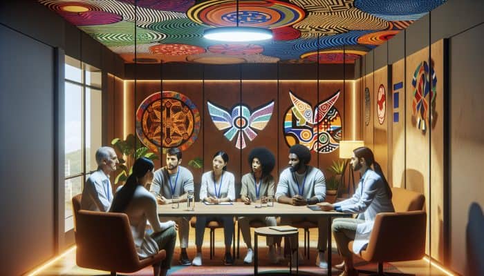 Diverse mental health experts discussing strategies for minority communities in a modern conference room with cultural symbols.