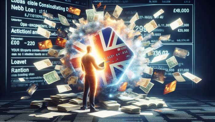 Debt Consolidation for High-Income Earners: UK Strategies | DCL Debt Consolidation for High-Income Earners: Person in the UK consolidating scattered bills and credit cards into one glowing loan document for financial relief.
