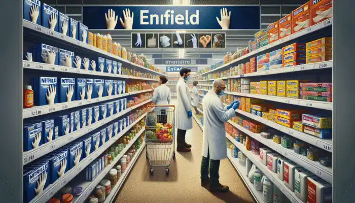 Nitrile Gloves in Enfield: A supermarket aisle showcasing various nitrile glove brands alongside groceries for diverse customers.