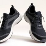 A group of people stands in two lines facing each other inside a shoe store, with shelves of shoes in the background and individuals looking down at their own footwear.