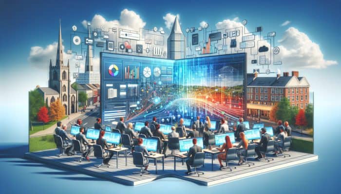 Professionals collaborating on web development in Barnstaple, showcasing modern technology and local landmarks.