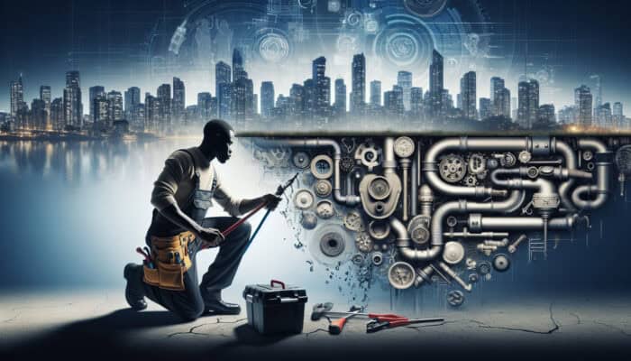 A plumber in Coquitlam cleaning a modern drain system with city skyline in background.