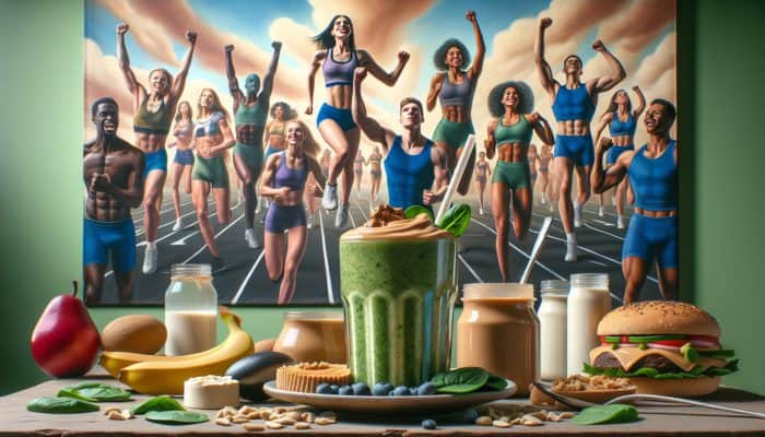 A vibrant breakfast scene with a smoothie and vegetarian athletes showcasing high-protein meal plans.