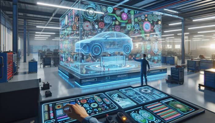 A futuristic automotive workshop with a holographic AI assistant guiding a user through a vast, interactive database of vehicle parts.