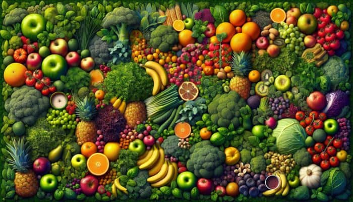 A diverse array of edible plants, including fruits, vegetables, and herbs, in a lush setting, showcasing their nutritional and culinary value.