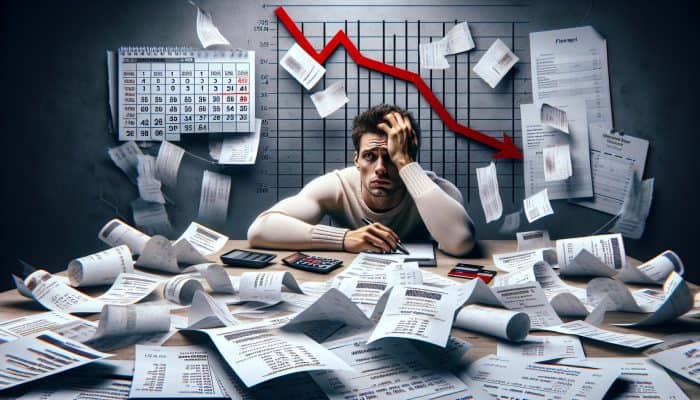 Rebuilding Credit After Debt Consolidation: UK Guide | DCL Person stressed at desk with bills, maxed credit cards, missed payments, and declining financial graph.