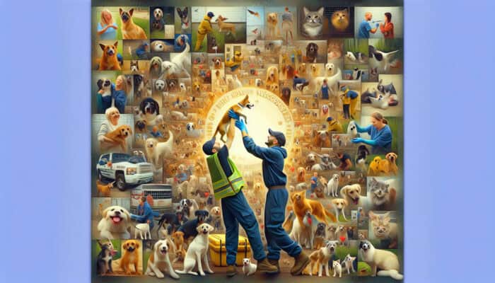 A vibrant collage showcasing pet rescue success stories with dogs, cats, rescuers, and expert quotes.