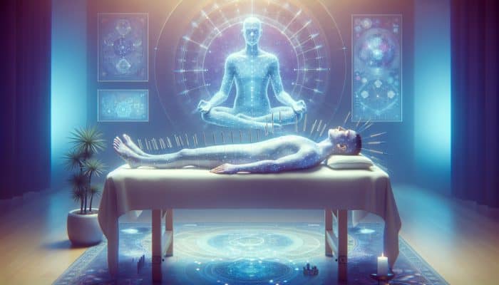 A serene acupuncture session featuring a patient comfortably lying down, needles inserted into specific points, within a calm, holistic room illuminated by soft lighting.