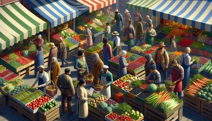 A bustling UK farmers' market featuring seasonal produce: asparagus, berries, parsnips, and kale displayed at vibrant stalls.