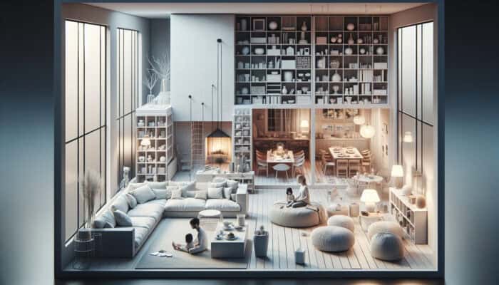 A serene UK home with minimalist spaces, family enjoying clutter-free, harmonious living with meaningful items.