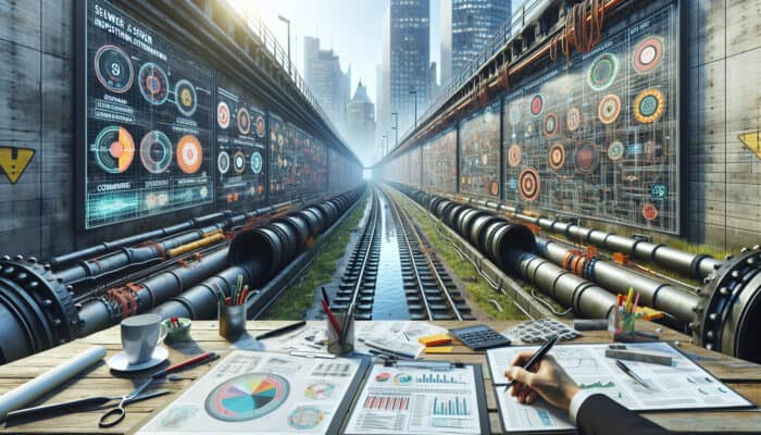 Detailed sewer inspection report for Gastown, highlighting old infrastructure at risk, with maintenance markers in an urban cityscape setting.