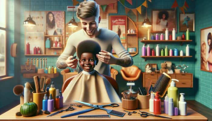 A skilled hairstylist giving a pixie cut to a smiling child in a vibrant salon.