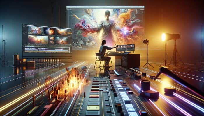 A human va editing video footage on a high-tech suite, creating a compelling narrative with vibrant scenes.