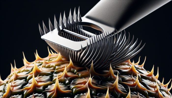 Serrated peeler slicing through pineapple skin, showcasing tool's efficiency and precision.