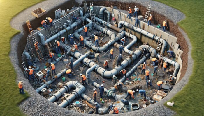 Workers maintaining perimeter drainage system, clearing debris, checking pipes and gravel, ensuring sump pump and downspout functionality.