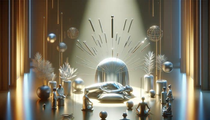 A tranquil acupuncture session with needles enhancing focus, soft lighting, and calming decor, with experts discussing techniques.