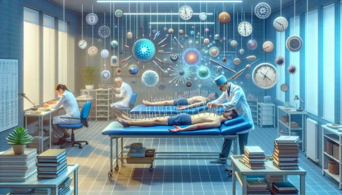 UK clinic scene with acupuncture patients displaying focused expressions, surrounded by symbols of productivity like books and clocks.