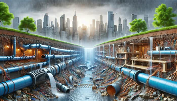 Detailed illustration of the Port Moody sewer system showcasing various issues such as root intrusion, corrosion, blockages, cracks, sagging, and improper installations, particularly during heavy rain.