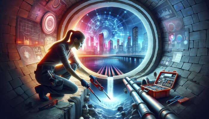 A skilled plumber working in a neon-lit sewer tunnel in Port Moody, repairing a pipe with advanced tools while a city skyline is visible in the background.
