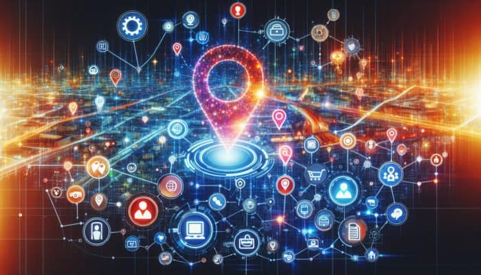 A vibrant digital map of Bath with highlighted business locations and glowing icons representing online platforms and directories.