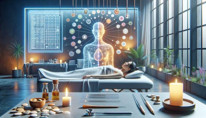 A tranquil acupuncture setting featuring herbal medicine, mindfulness, and modern technology.