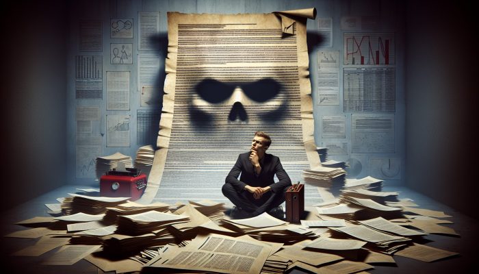 Case Study: Debt Consolidation With Bad Credit: UK Success | DCL A concerned individual in the UK surrounded by various financial documents, contemplating a significant loan contract.