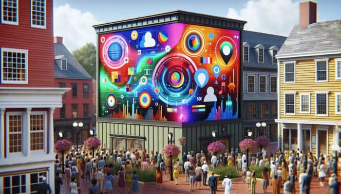 A vibrant digital billboard in Marlborough's town square with local ads, geo-targeting icons, and community engagement.