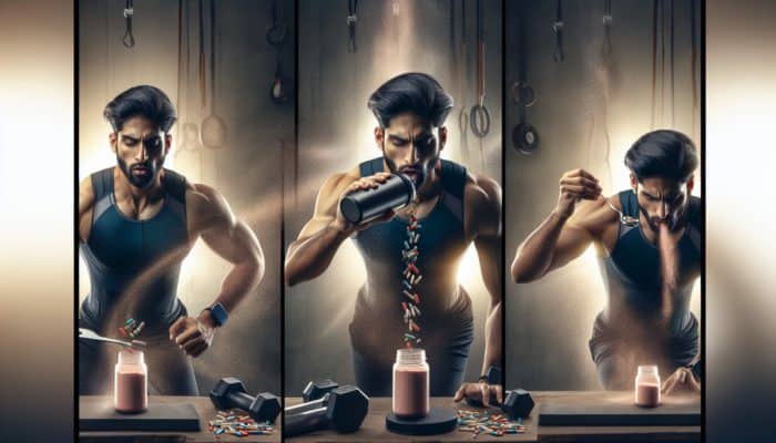 Person in athletic wear taking supplements before, during, and after HIIT, surrounded by sports equipment.