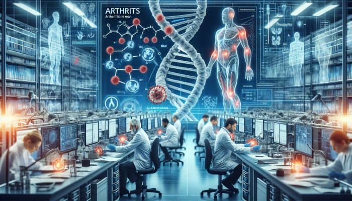 A genetic map with arthritis markers for men, set in a modern UK research lab with scientists and equipment.