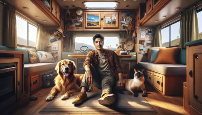 A cosy RV interior with a person, dog, and cat lounging, filled with personal touches and travel mementos.