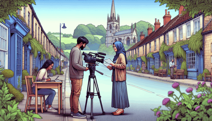 A small business owner filming a promotional video in Wotton-under-Edge, assisted by experts amidst charming architecture and greenery.