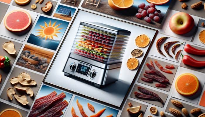 Modern electric dehydrator with precise controls, showing evenly dried fruits, vegetables, and jerky, contrasting traditional sun-drying.