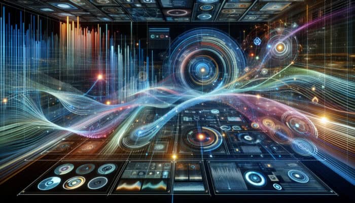 A futuristic interface showing real-time algorithm updates and user data, symbolizing continuous improvement in virtual assistant technology.