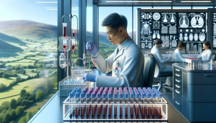 A medical technician drawing blood in a modern Falkirk laboratory for liver tests, surrounded by advanced equipment and a picturesque view of green hills.