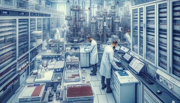 A modern laboratory in Falkirk: Technicians in white coats manage blood samples amid advanced equipment, while a doctor informs patients about fasting requirements.