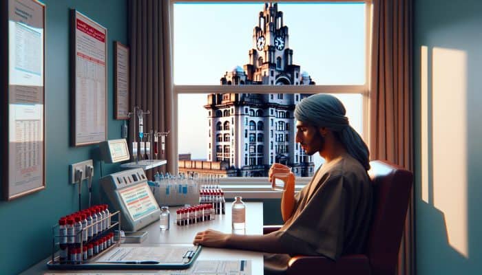 A diverse patient in a Liverpool clinic drinks water while reviewing blood test instructions, surrounded by syringes, vials, and the Liver Building view.