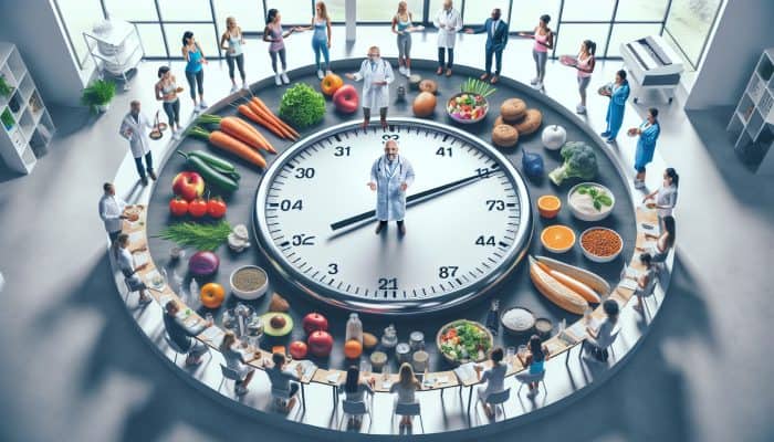 Diverse dietitians and health coaches guiding clients with personalized meal timing plans in a modern Australian health center.