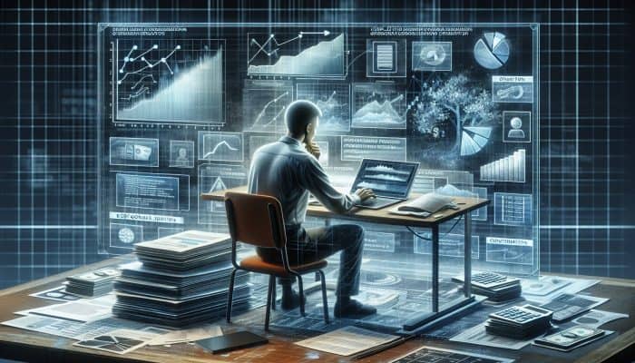 A person at a desk reviewing financial documents and charts, using a laptop for a debt consolidation application.