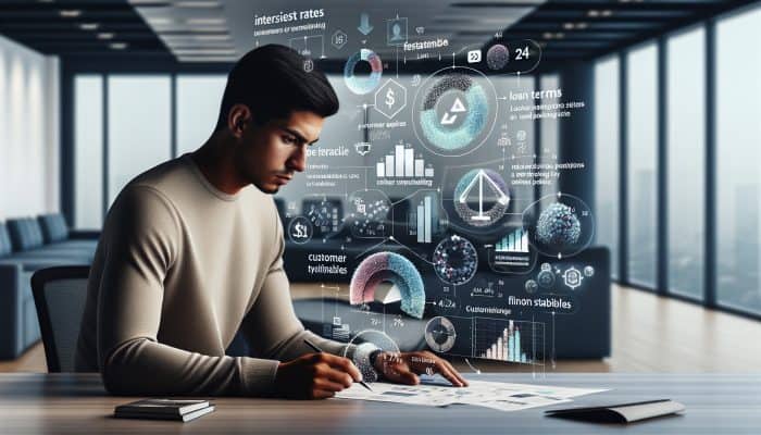 A financial expert analysing a chart of loan details with customer testimonials in a modern office.