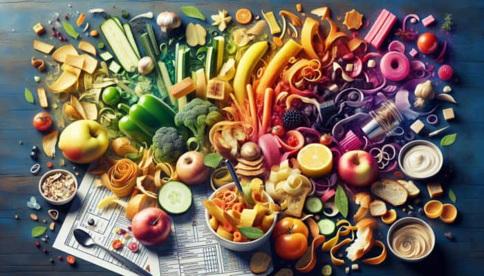 Vibrant kitchen scene featuring food scraps transformed into delectable upcycled dishes.