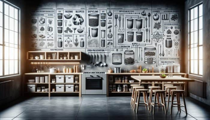 Kitchen scene with organized food scrap storage, upcycling recipes, and preservation methods like freezing, dehydrating, and fermenting.