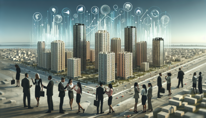 A city skyline featuring mid-level apartments, real estate agents, and economic graphs.