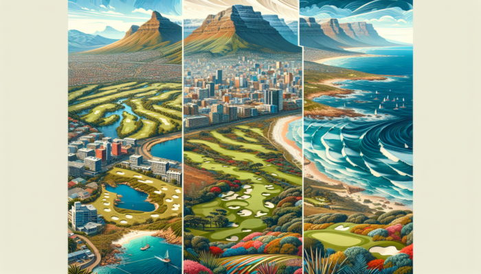 A collage of South Africa's golf regions: Western Cape's coastal views, Gauteng's urban scene, and KwaZulu-Natal's tropical setting.