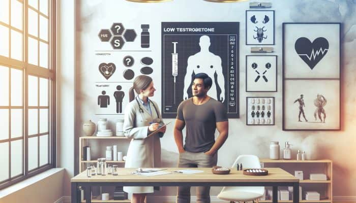 Does Low Testosterone Affect Sleep Quality?: A middle-aged man consults a doctor in a modern UK clinic about low testosterone, surrounded by syringes, pills, and gym icons under soft lighting.